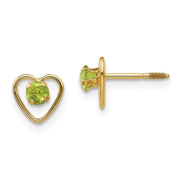 14k Yellow Gold Children's Jewelry 3mm Peridot August Birthstone Heart Earrings
